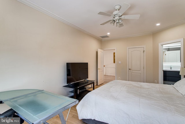 bedroom featuring recessed lighting, visible vents, wood finished floors, and ornamental molding