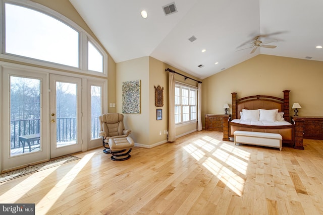 bedroom featuring light wood finished floors, visible vents, recessed lighting, and access to outside