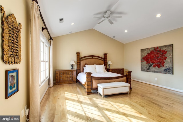 bedroom featuring visible vents, baseboards, lofted ceiling, recessed lighting, and light wood-style floors