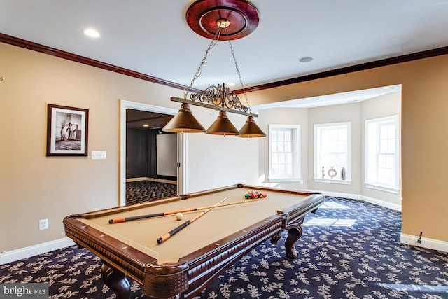 game room with ornamental molding, recessed lighting, carpet floors, pool table, and baseboards