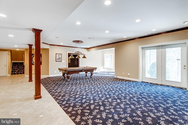 rec room with pool table, crown molding, recessed lighting, and baseboards