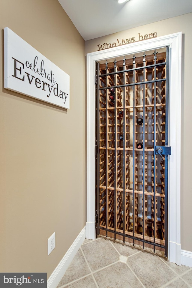 wine cellar featuring baseboards and carpet