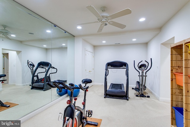 exercise room with recessed lighting, baseboards, and carpet