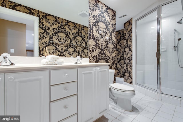 full bathroom with a sink, toilet, a stall shower, and wallpapered walls