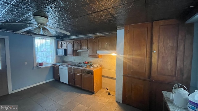 kitchen with ceiling fan, dishwasher, and tasteful backsplash