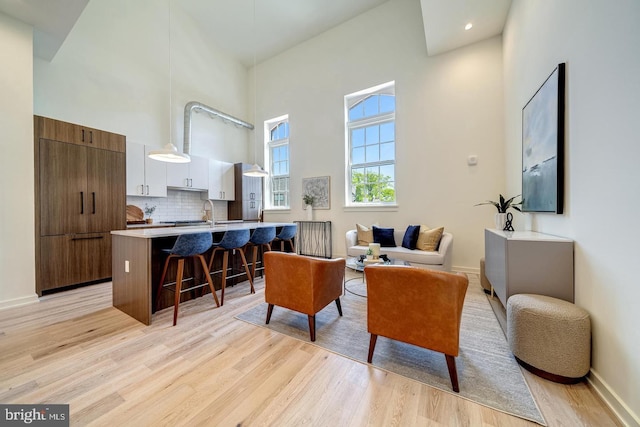 living room with a towering ceiling and light hardwood / wood-style flooring