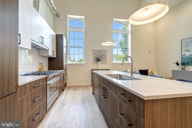 kitchen featuring an island with sink, high end stove, decorative backsplash, white cabinets, and sink