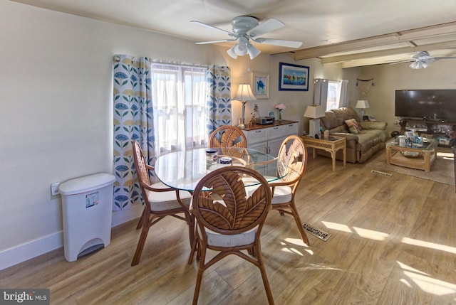 dining space featuring ceiling fan, light wood-type flooring, and beamed ceiling