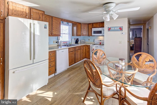 kitchen featuring white appliances, ceiling fan, light hardwood / wood-style floors, and sink