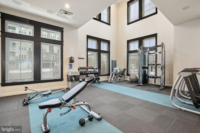 workout area with a towering ceiling