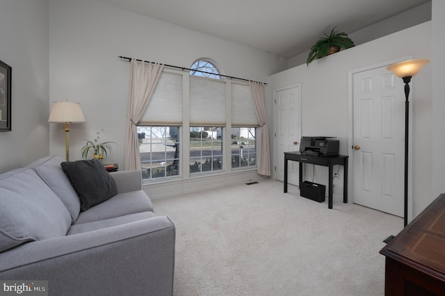 living room featuring light carpet