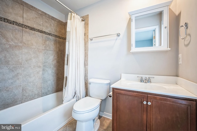 full bathroom featuring toilet, shower / bath combination with curtain, and vanity