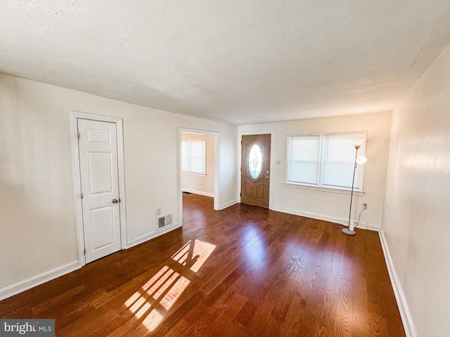 foyer entrance with dark hardwood / wood-style flooring, a textured ceiling, and a healthy amount of sunlight