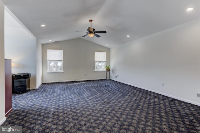 interior space with lofted ceiling and ceiling fan