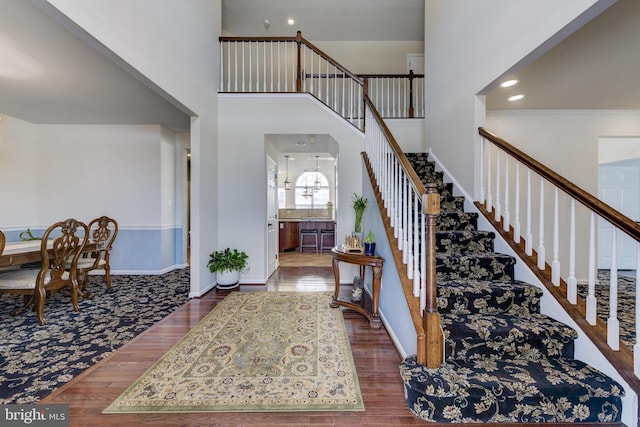 entrance foyer featuring a high ceiling and dark hardwood / wood-style floors