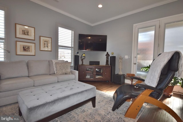 living room with ornamental molding and wood-type flooring