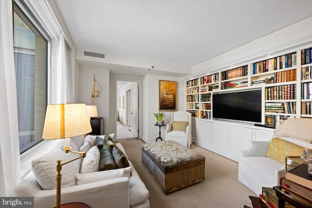 living room with light colored carpet