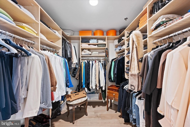 spacious closet with light hardwood / wood-style flooring