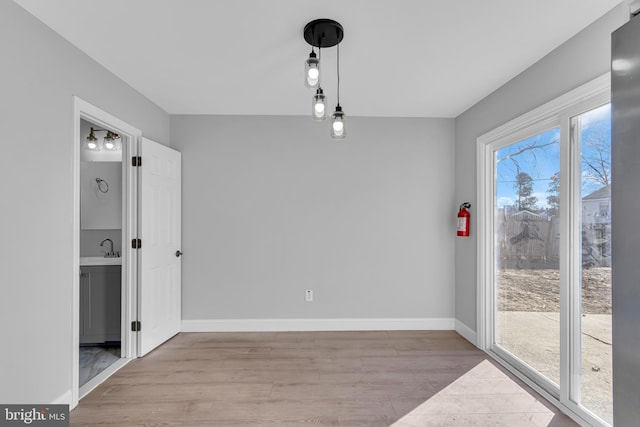 unfurnished dining area with sink, a wealth of natural light, and light hardwood / wood-style floors