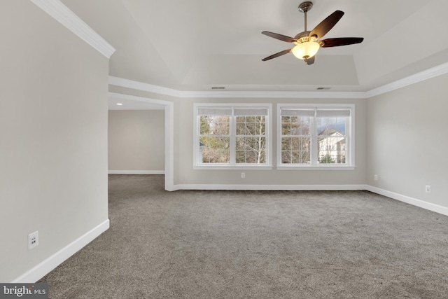 empty room featuring a raised ceiling, carpet, ceiling fan, and a healthy amount of sunlight