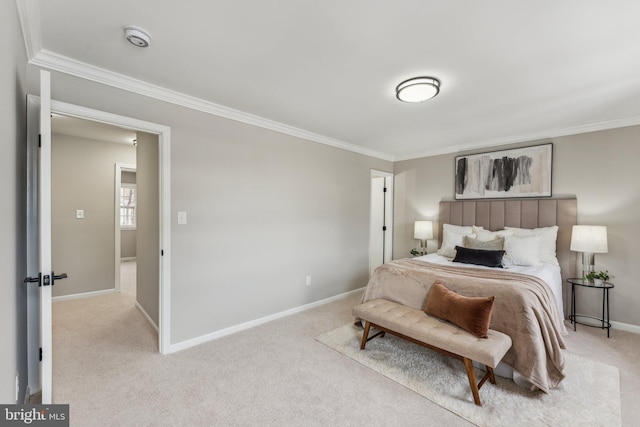 carpeted bedroom featuring ornamental molding