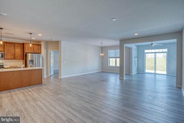 kitchen with stainless steel appliances, light hardwood / wood-style flooring, and hanging light fixtures