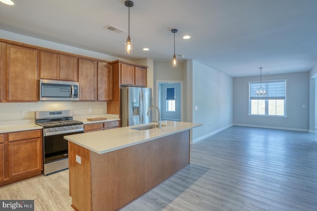 kitchen with pendant lighting, appliances with stainless steel finishes, sink, a kitchen island with sink, and light wood-type flooring