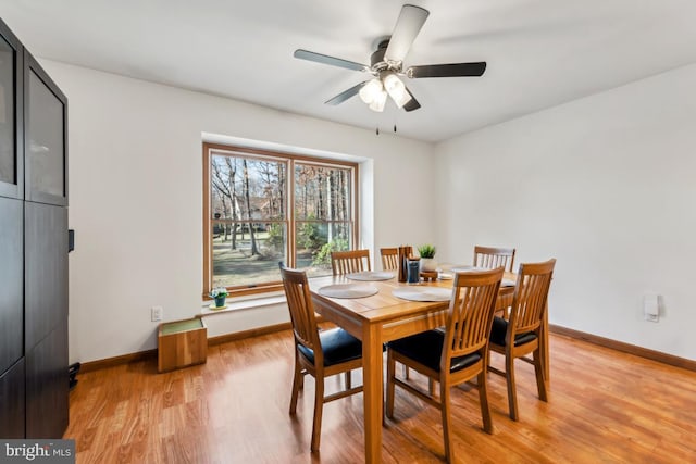 dining space featuring ceiling fan and light wood-type flooring