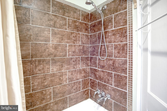 bathroom with shower / bath combo with shower curtain