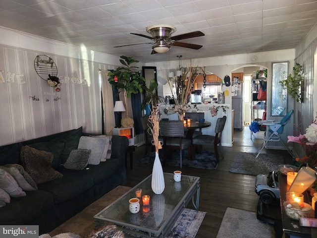 living room with ceiling fan and wood-type flooring