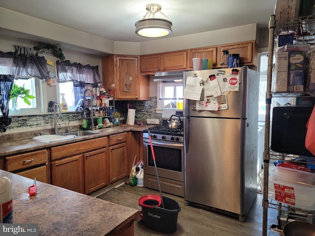 kitchen with stainless steel appliances, decorative backsplash, a healthy amount of sunlight, and sink