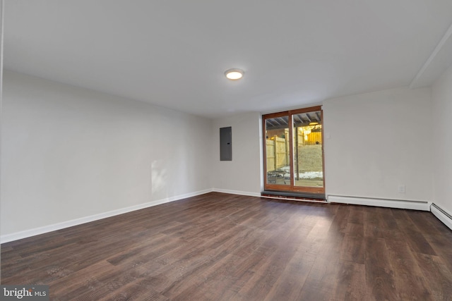 empty room with electric panel, baseboard heating, and dark hardwood / wood-style floors