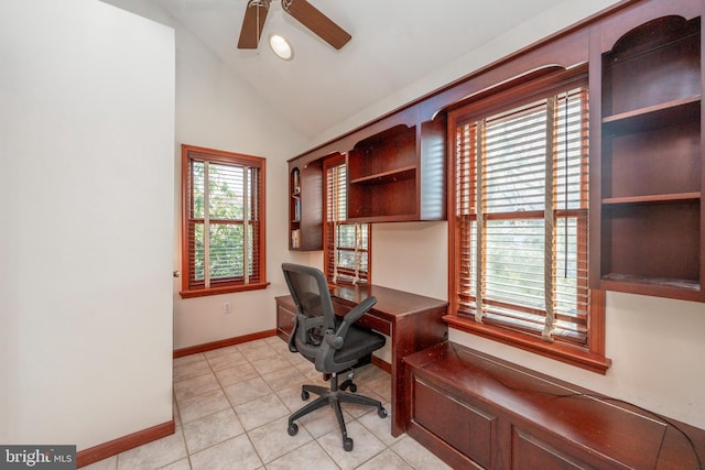 office with light tile patterned flooring, ceiling fan, and vaulted ceiling