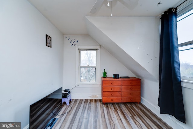 interior space featuring hardwood / wood-style floors and vaulted ceiling