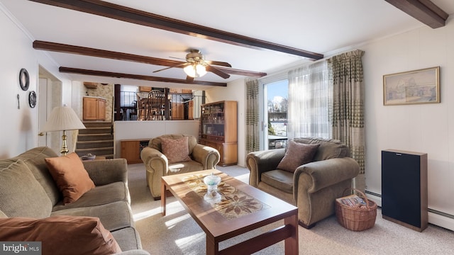 living room with light colored carpet, beamed ceiling, and a baseboard heating unit