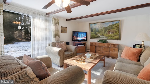 living room featuring ceiling fan, light carpet, beamed ceiling, and a baseboard heating unit