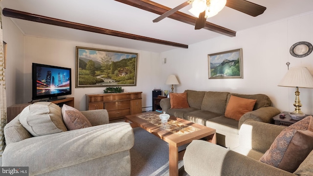 living room featuring beam ceiling, ceiling fan, and a baseboard radiator