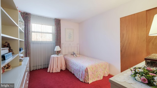 bedroom with dark colored carpet