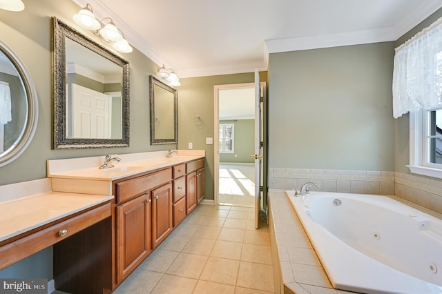 bathroom featuring a relaxing tiled tub, tile patterned flooring, crown molding, and vanity