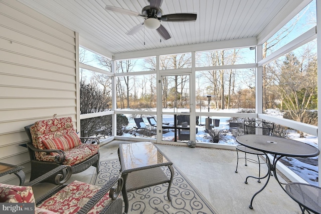 sunroom / solarium with ceiling fan and wooden ceiling