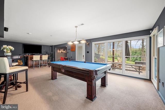 rec room featuring pool table and carpet floors