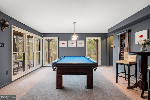 playroom featuring billiards and light carpet