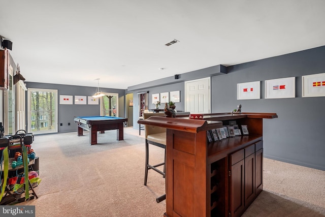 playroom with light colored carpet and billiards