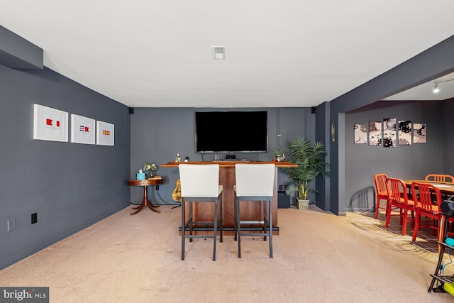 bar featuring light colored carpet