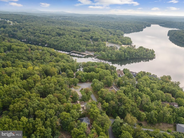 drone / aerial view featuring a water view