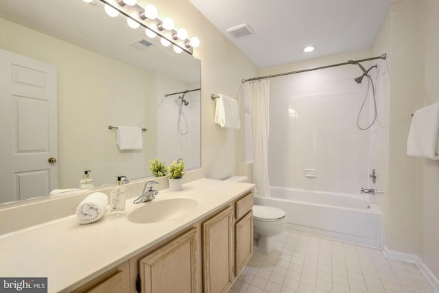 full bathroom featuring vanity, tile patterned flooring, shower / bath combination with curtain, and toilet