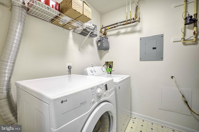 clothes washing area featuring electric panel and washer and dryer