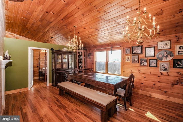 dining room featuring wood walls, hardwood / wood-style floors, lofted ceiling, and wood ceiling