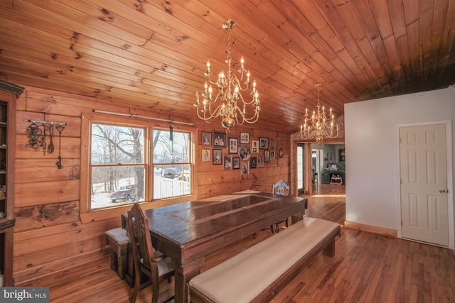 dining room with a notable chandelier, wood ceiling, wood walls, and hardwood / wood-style flooring