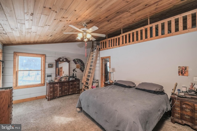 bedroom featuring ceiling fan, wood ceiling, and lofted ceiling